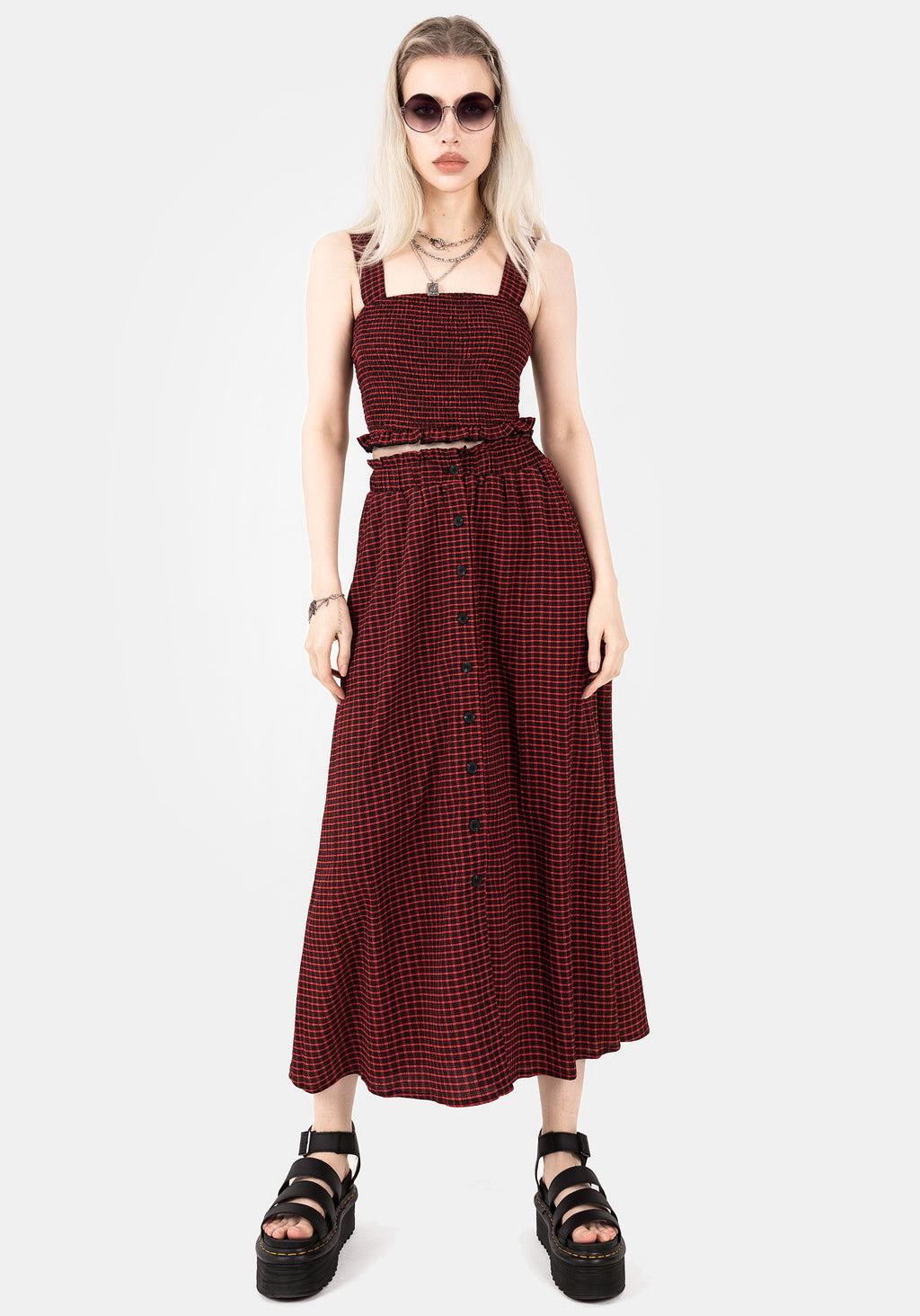 Carmine Textured Check Button Up Midaxi Skirt Product Image