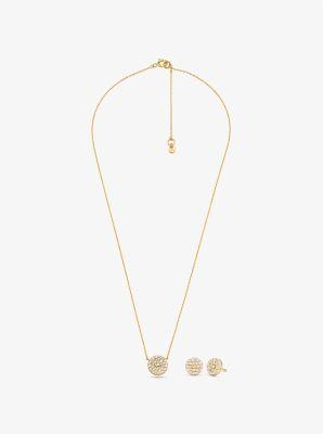14K -Plated Sterling Silver Pavé Logo Disc Earrings and Necklace Set Product Image