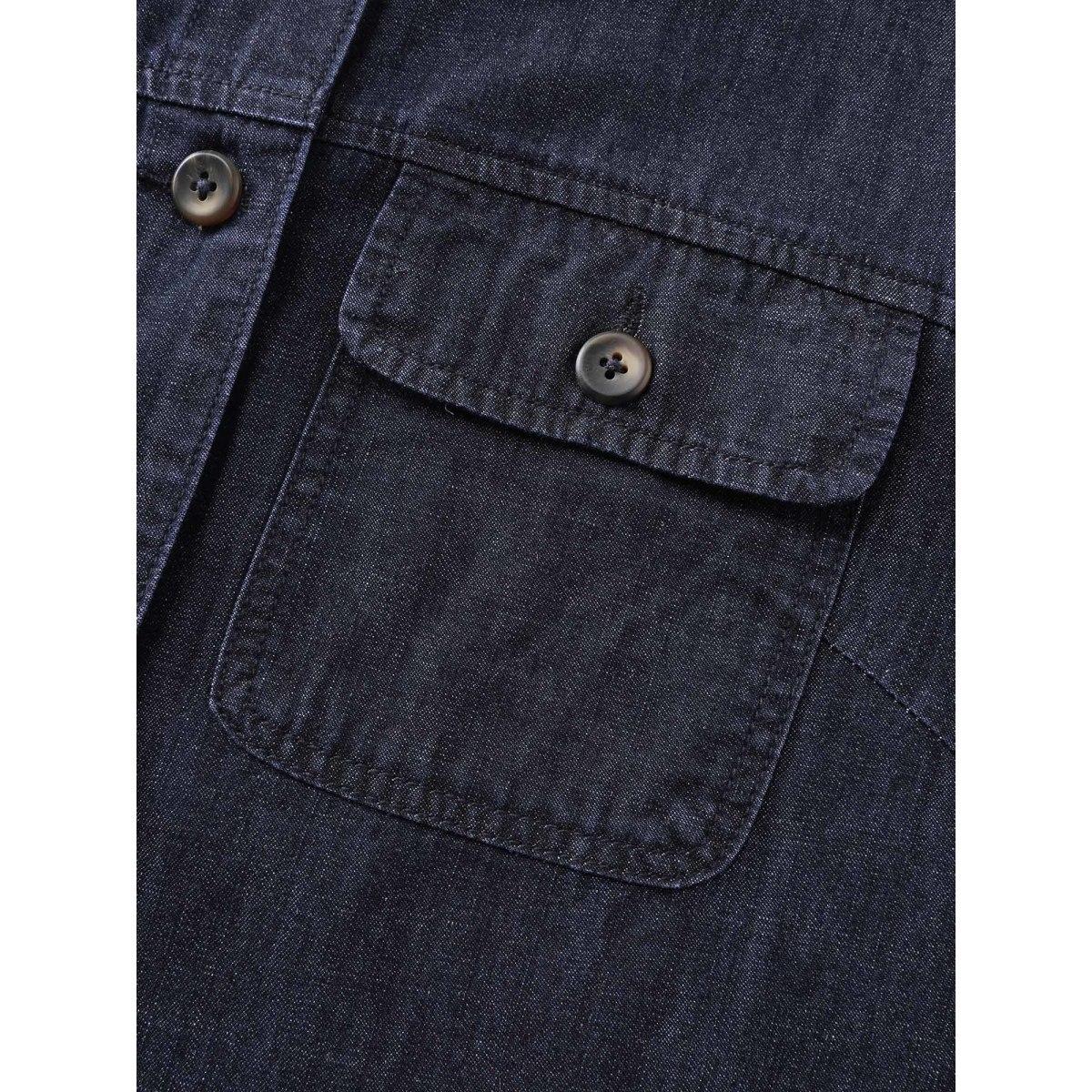 Plus Size Cotton Contrast Collar Button-Down Denim Top Darkindigo Women Contrast No stretch Extra Long Sleeve Sleeveless Casual Patch pocket Leisure Denim Tops BloomChic 22-24/3X Product Image