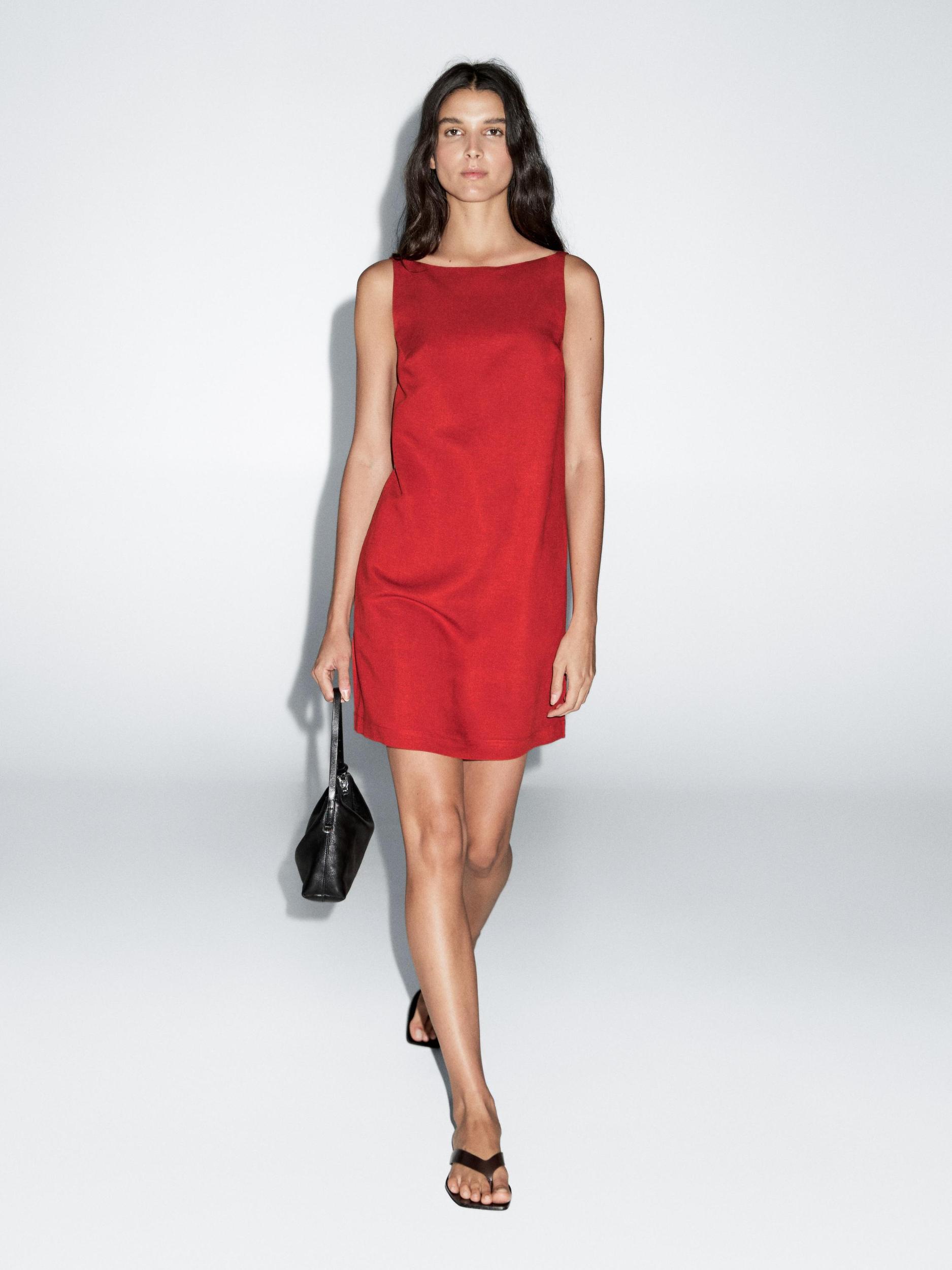 Short linen blend dress with low-cut back Product Image