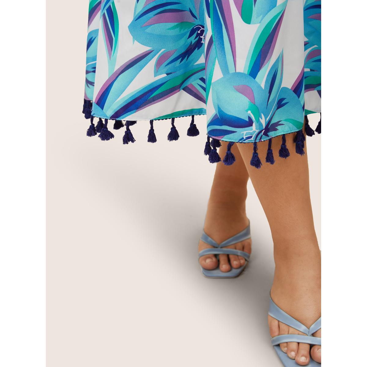 Plus Size Floral Tassel Trim Elastic Waist Pocket Dress Cerulean Women Resort Tie knot Non Sleeveless Curvy BloomChic 22-24/3X Product Image