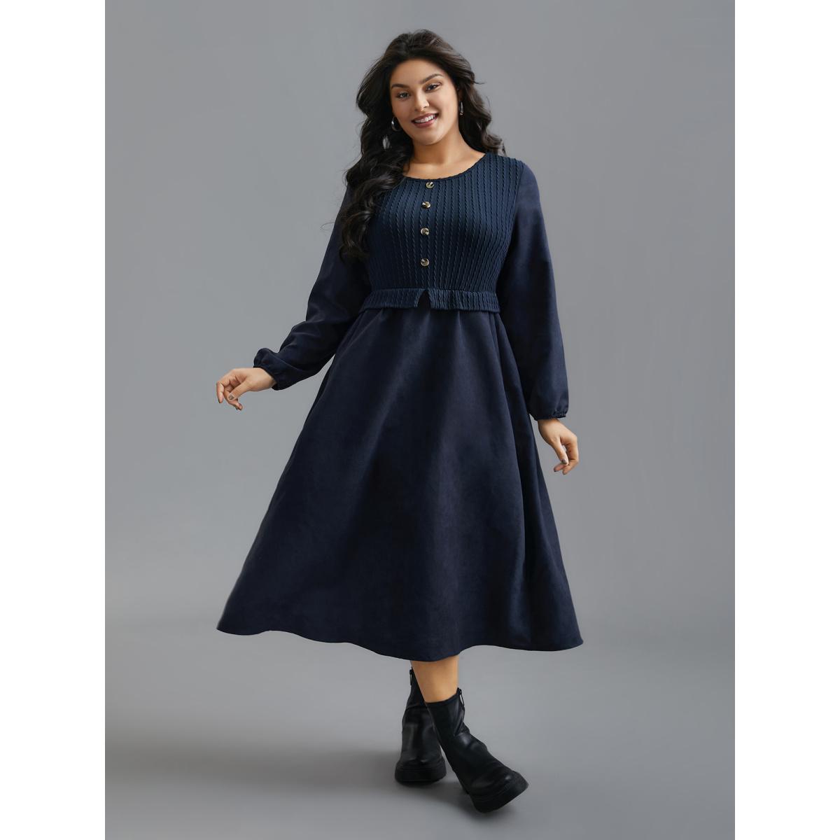 Plus Size Textured Button Detail Lantern Sleeve Dress Indigo Women Casual Texture Round Neck Long Sleeve Curvy BloomChic 22-24/3X Product Image