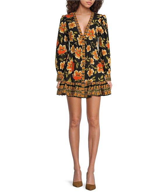 Chelsea & Violet Ella Woven Floral Print V-Neck Long Blouson Sleeve Button Front A-Line Ruffle Flounce Mini Dress Product Image