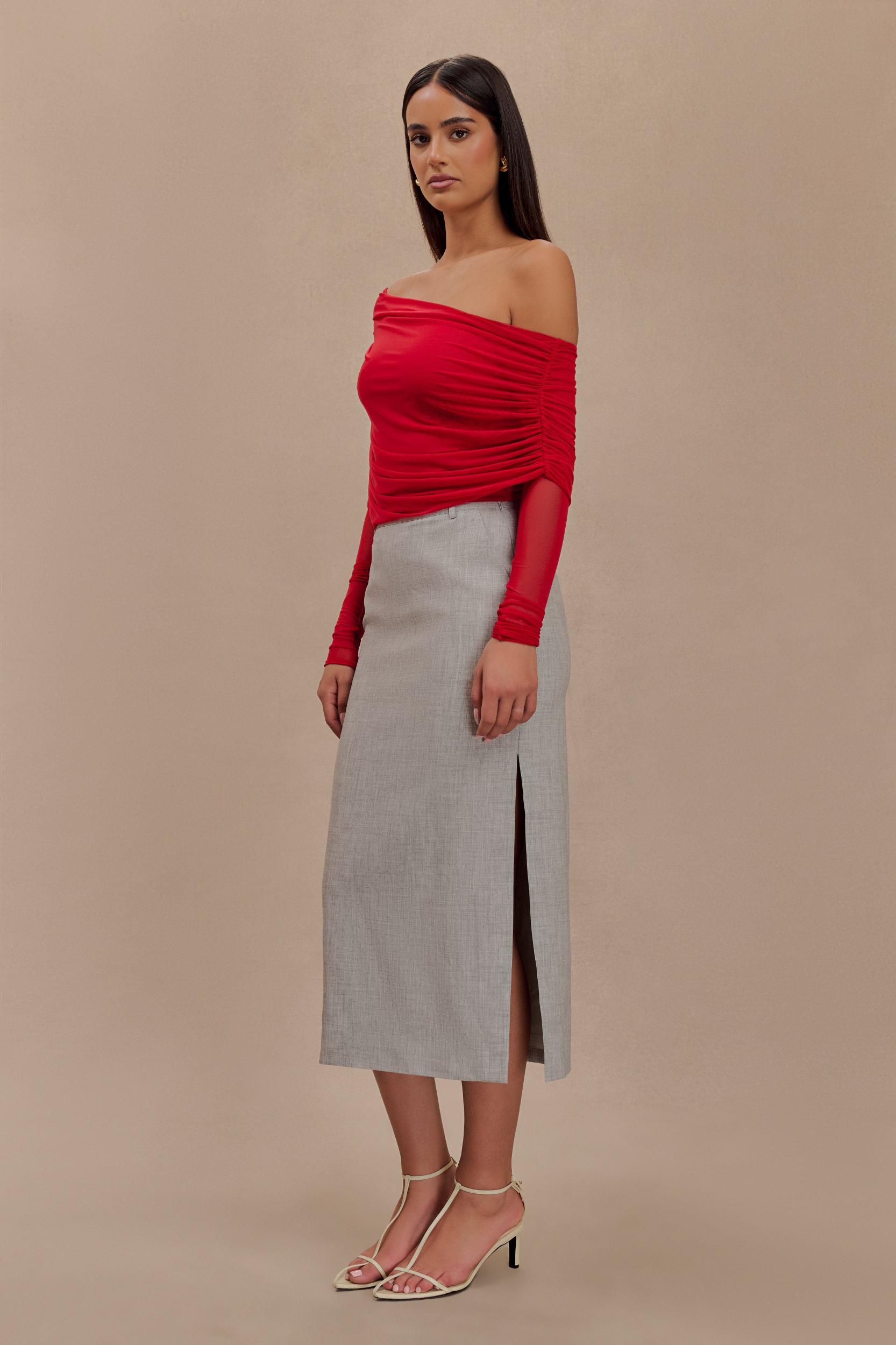 Everly Sheer Mesh Off Shoulder Top - Ruby Product Image