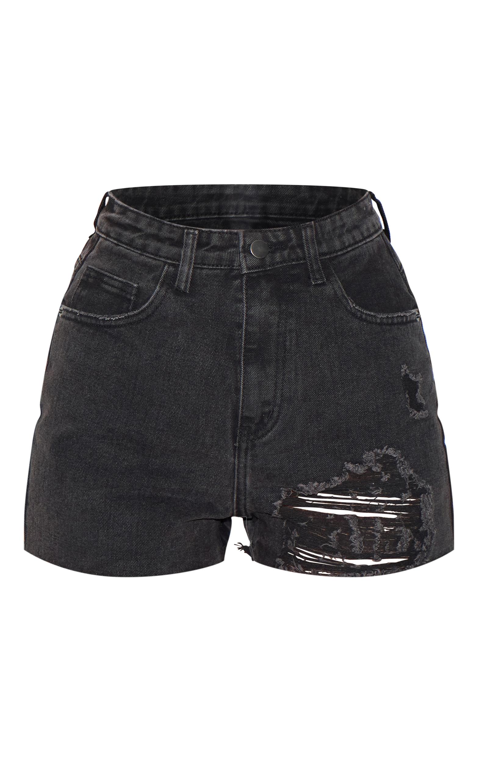 PRETTYLITTLETHING Washed Black Ripped Denim Mom Shorts Product Image