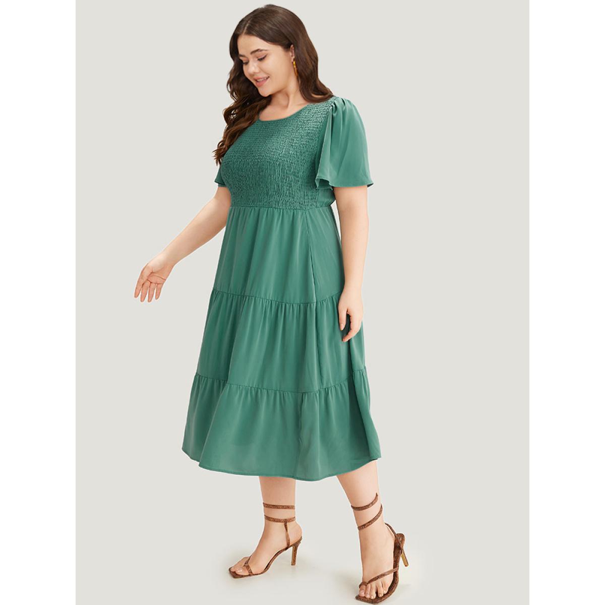 Plus Size Solid Shirred Pocket Layered Hem Dress Emerald Women Elegant Plain Round Neck Short sleeve Curvy Midi Dress BloomChic 10/M Product Image