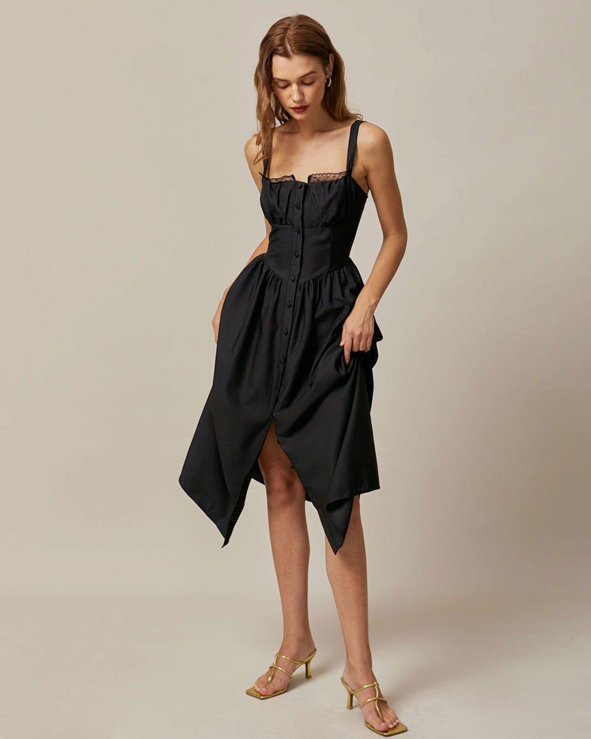 The Black Square Neck Lace Cami Midi Dress Product Image