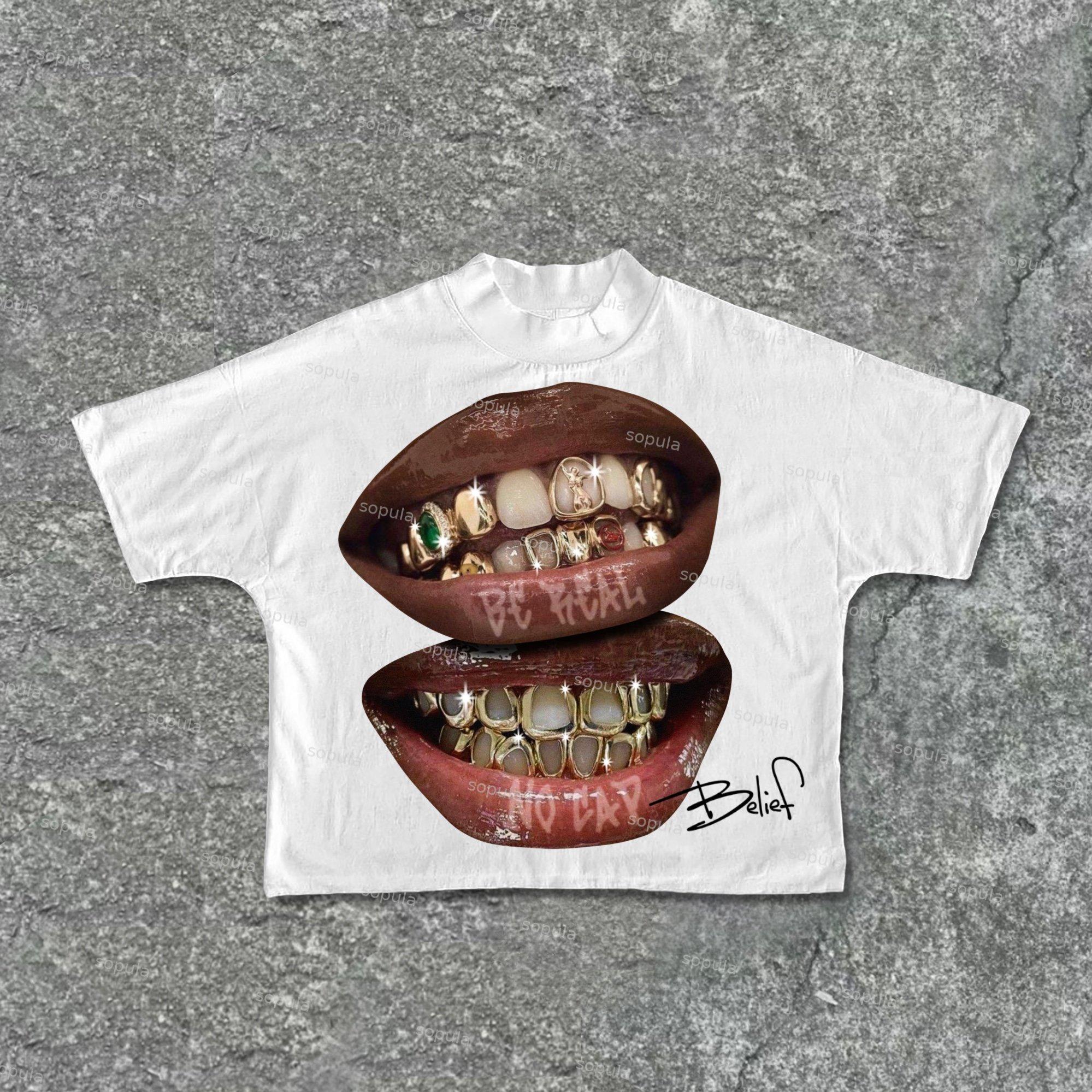 Sopula Street Style Yellow Gemstone Braces Lip Graphic Cropped T-Shirts Product Image