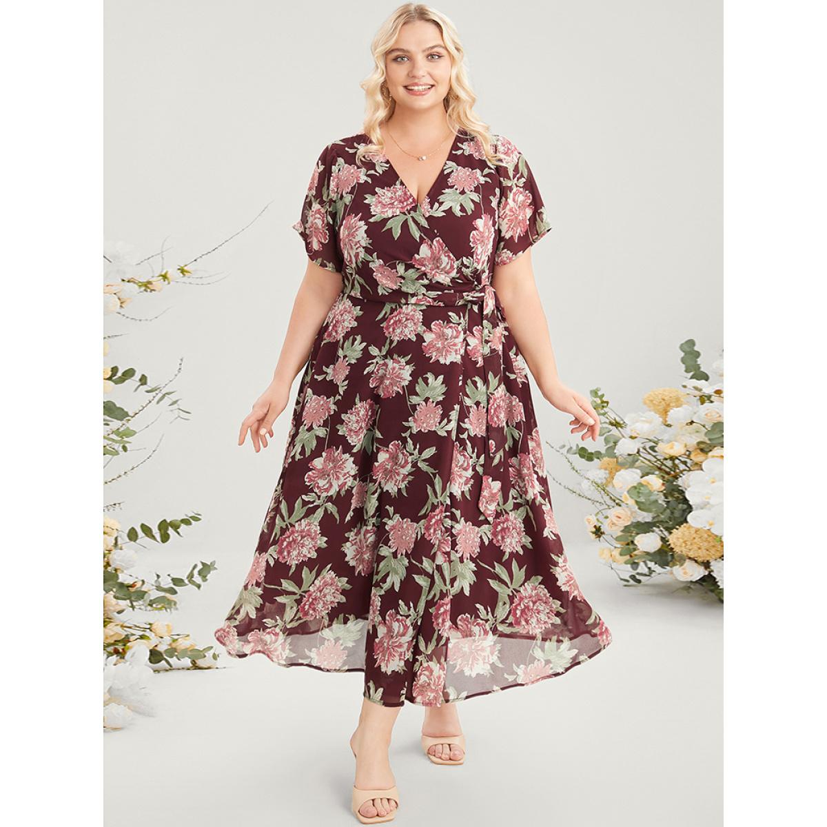 Plus Size Floral Print Belted Surplice Neck Flutter Pocket Maxi Dress Scarlet Women Elegant Wrap Overlap Collar Short sleeve Curvy Long Dress BloomChic 26/4X Product Image