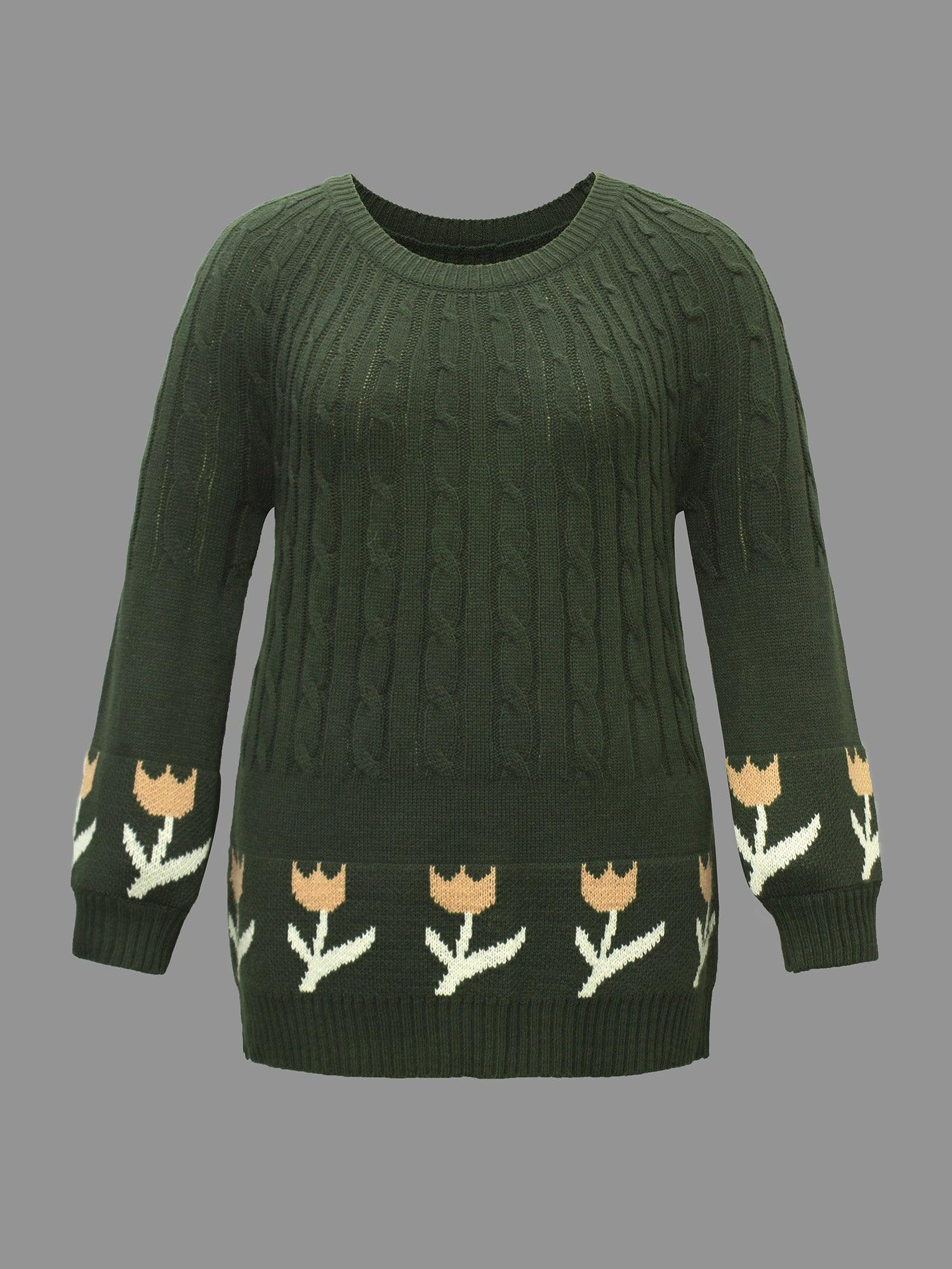 Cable Knit Floral Ribbed Hem Pullover Female Product Image