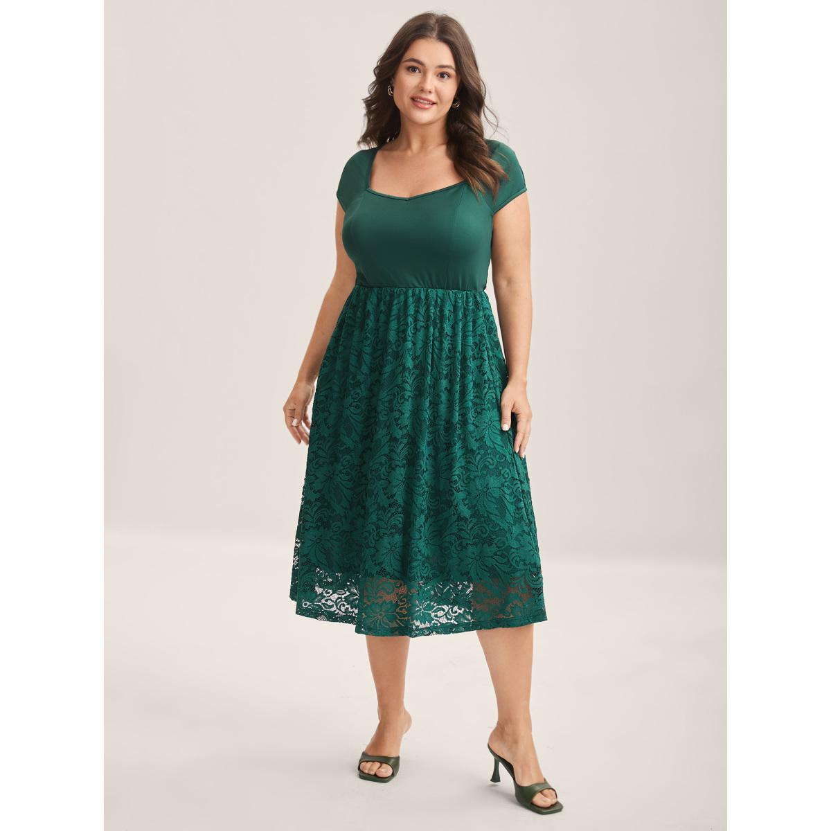 Plus Size Sculpted Lace Stretchy Waist Midi Dress Cyan Women Heart neckline Sleeveless Curvy BloomChic 26/4X Product Image
