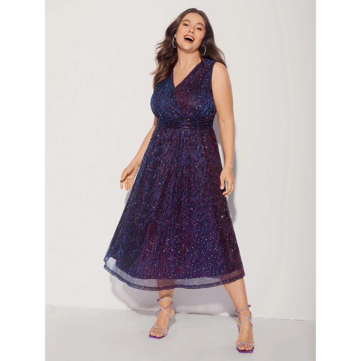 Plus Size Sequin Surplice Neckline Sleeveless Midi Dress Deeppurplered Women Party&Cocktail Texture Party Curvy Bloomchic 22-24/3X Product Image