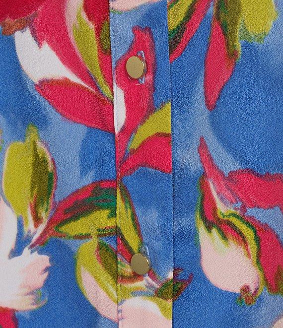Investments Woven Whimsy Floral Stripe 3/4 Sleeve Point Collar Button Front Split Cuff Top Product Image