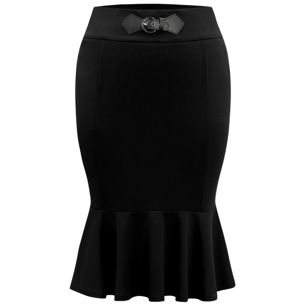 Plus Size Plain Ruffles Buckle Detail Mermaid Hem Skirt Women Black Office Style accents Bodycon Medium stretch Work Skirts BloomChic 26/4X Product Image
