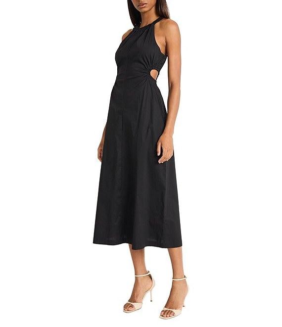 Donna Morgan Halter Neck Sleeveless Side Cut Out Cotton Poplin Midi Dress Product Image