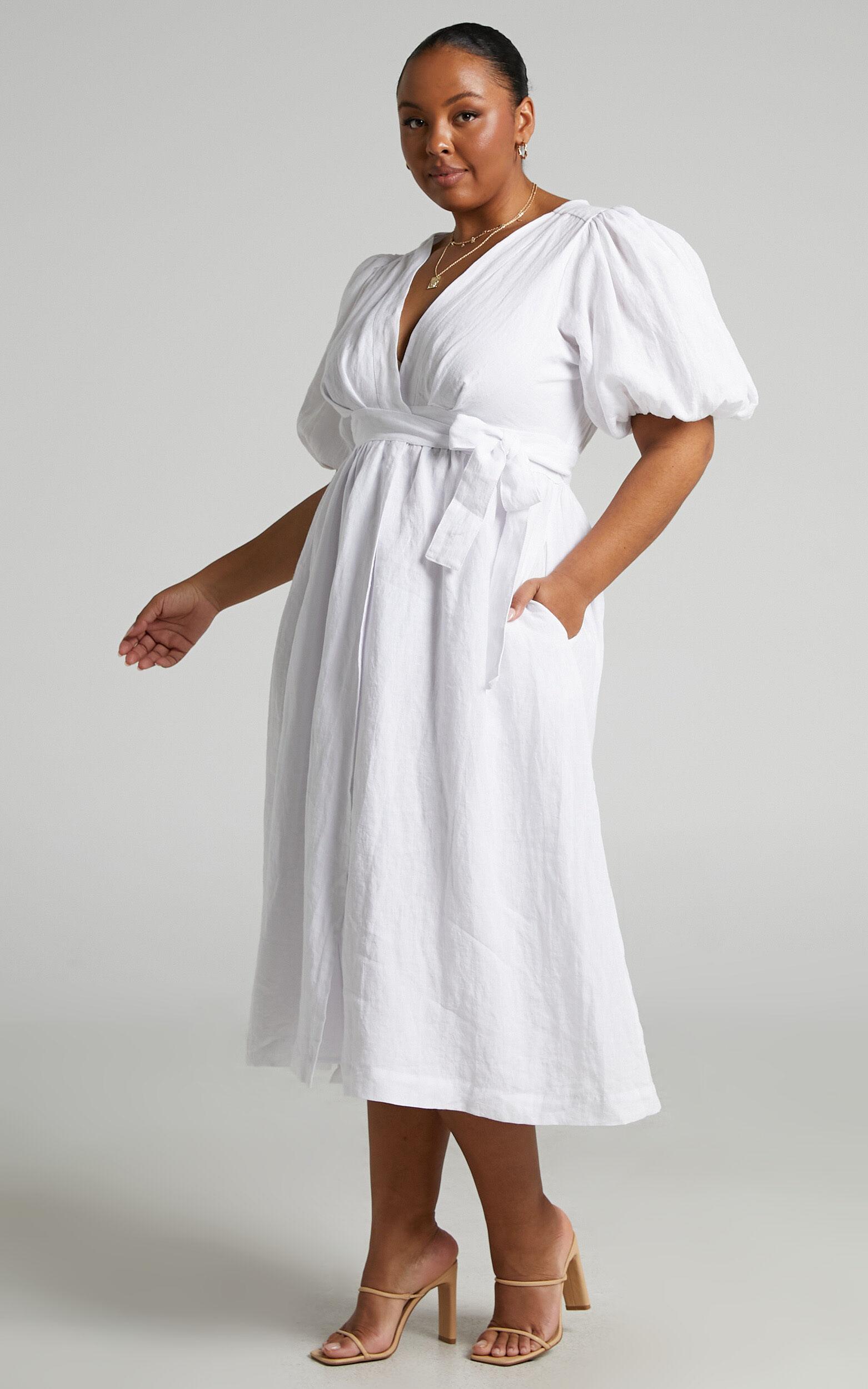 Amalie The Label - Franc Linen Puff Sleeve Wrap Midi Linen Dress in White Product Image