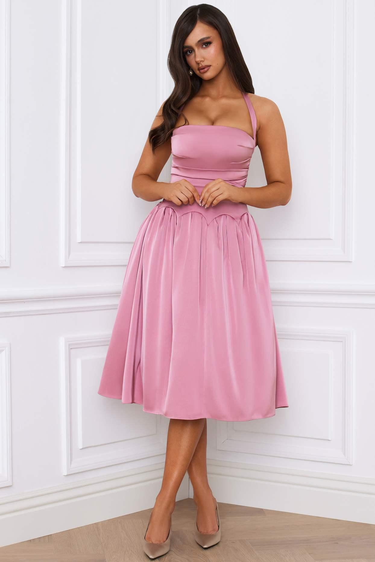 Halterneck Lace-Up Ruched Corset Midi Dress in Mauve Product Image