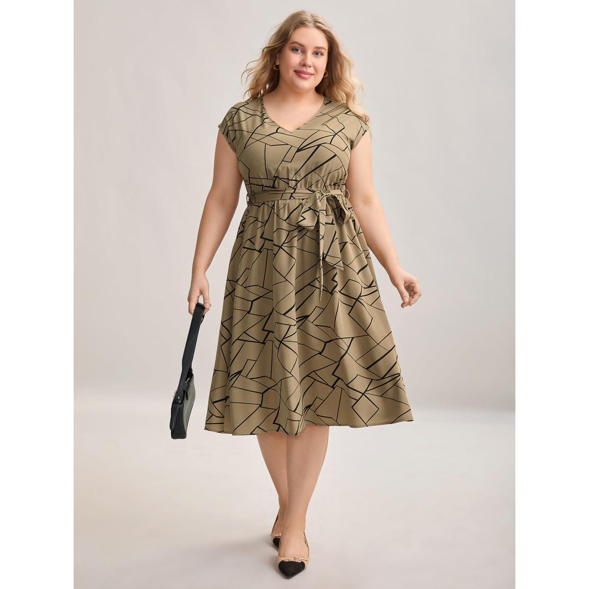 Plus Size Geometric Print Side Tied Midi Dress LightBrown Women At the Office Belted V-neck Sleeveless Curvy BloomChic 18-20/2X Product Image