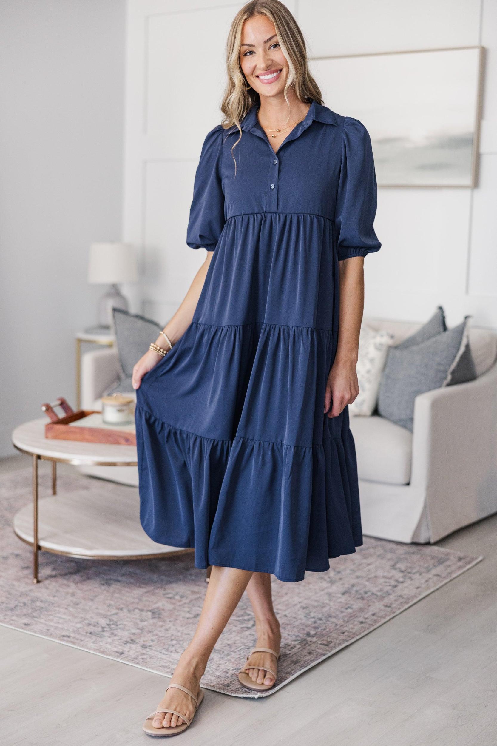 NURSING COLLECTION: Love Found Navy Blue Tiered Midi Dress Female Product Image