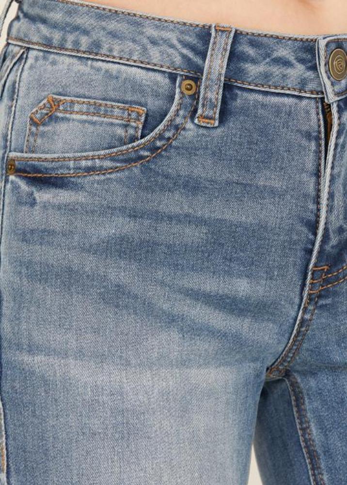 SALE Rock & Roll Denim® Ladies' Distressed Medium Wash MR Boot Cut Stretch Jeans Product Image