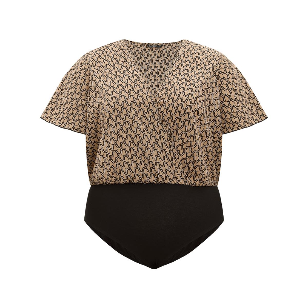 Plus Size Graphic Print Surplice Neck Ruffle Sleeve Bodysuit Women LightBrown Graphic Wrap Bodysuits BloomChic 12/L Product Image