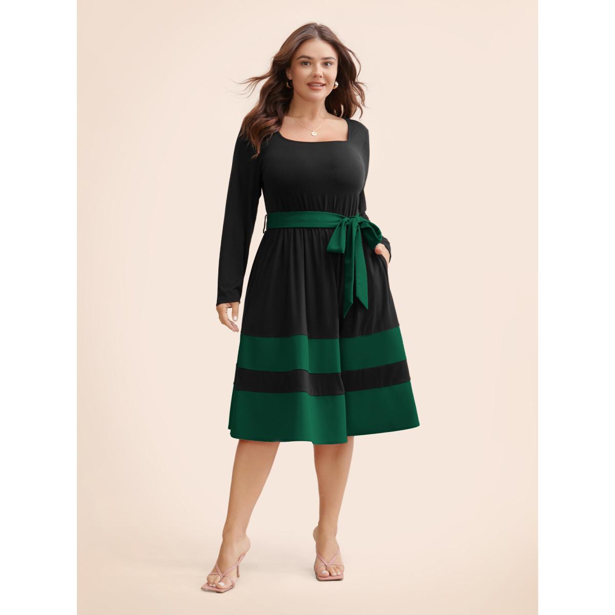 Plus Size Two Tone Belted Bowknot Square Neck Dress DarkGreen Women Elegant Non Square Neck Long Sleeve Curvy Knee Dress BloomChic 18-20/2X Product Image