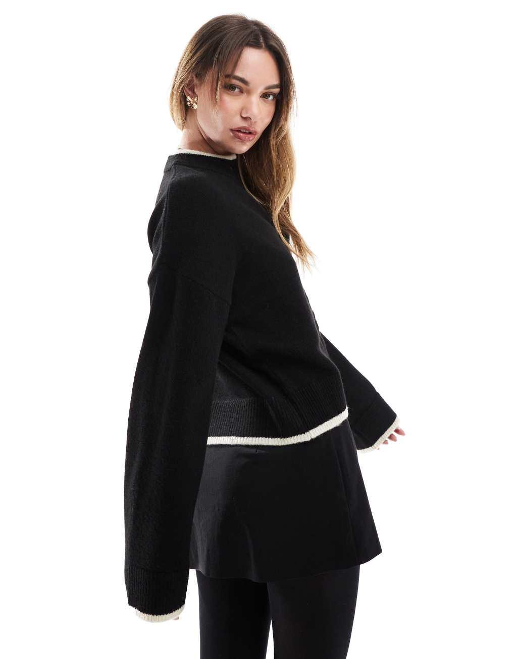 ASOS DESIGN knit crew neck cardigan with tipping detail in black Product Image