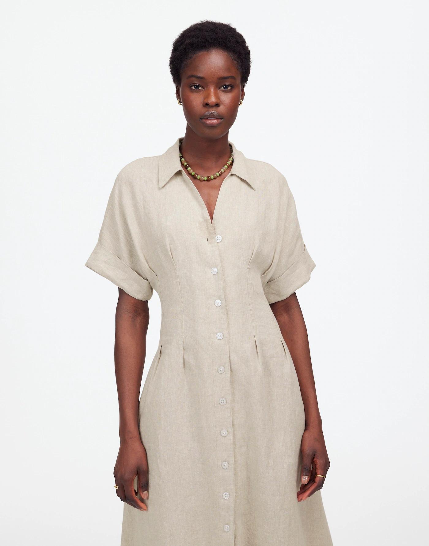 Petite Pleated Button-Front Midi Shirtdress in 100% Linen Product Image