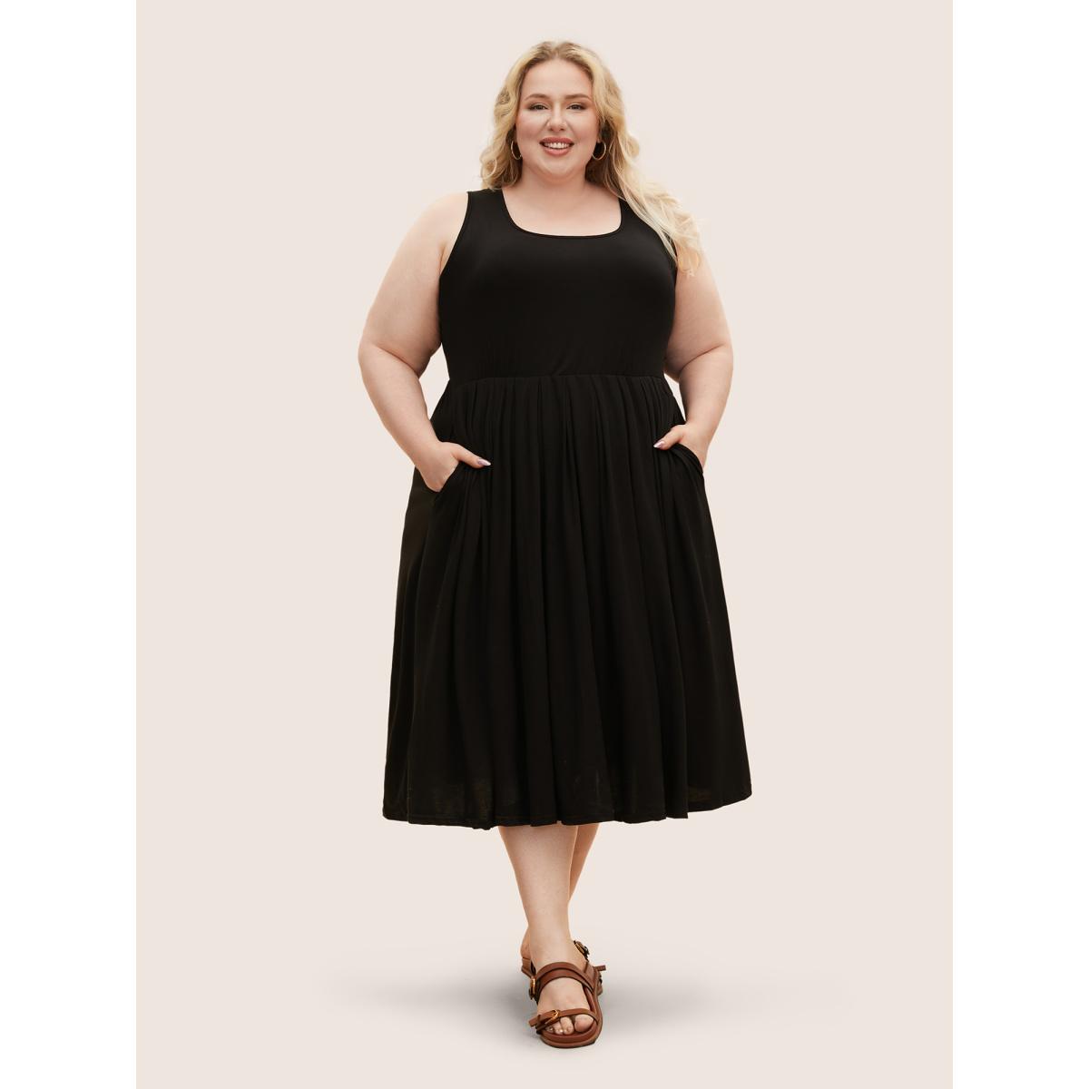 Plus Size Supersoft Essentials Solid Gathered Tank Dress Navy Women Basics Non U-neck Sleeveless Curvy Midi Dress BloomChic 10/M Product Image