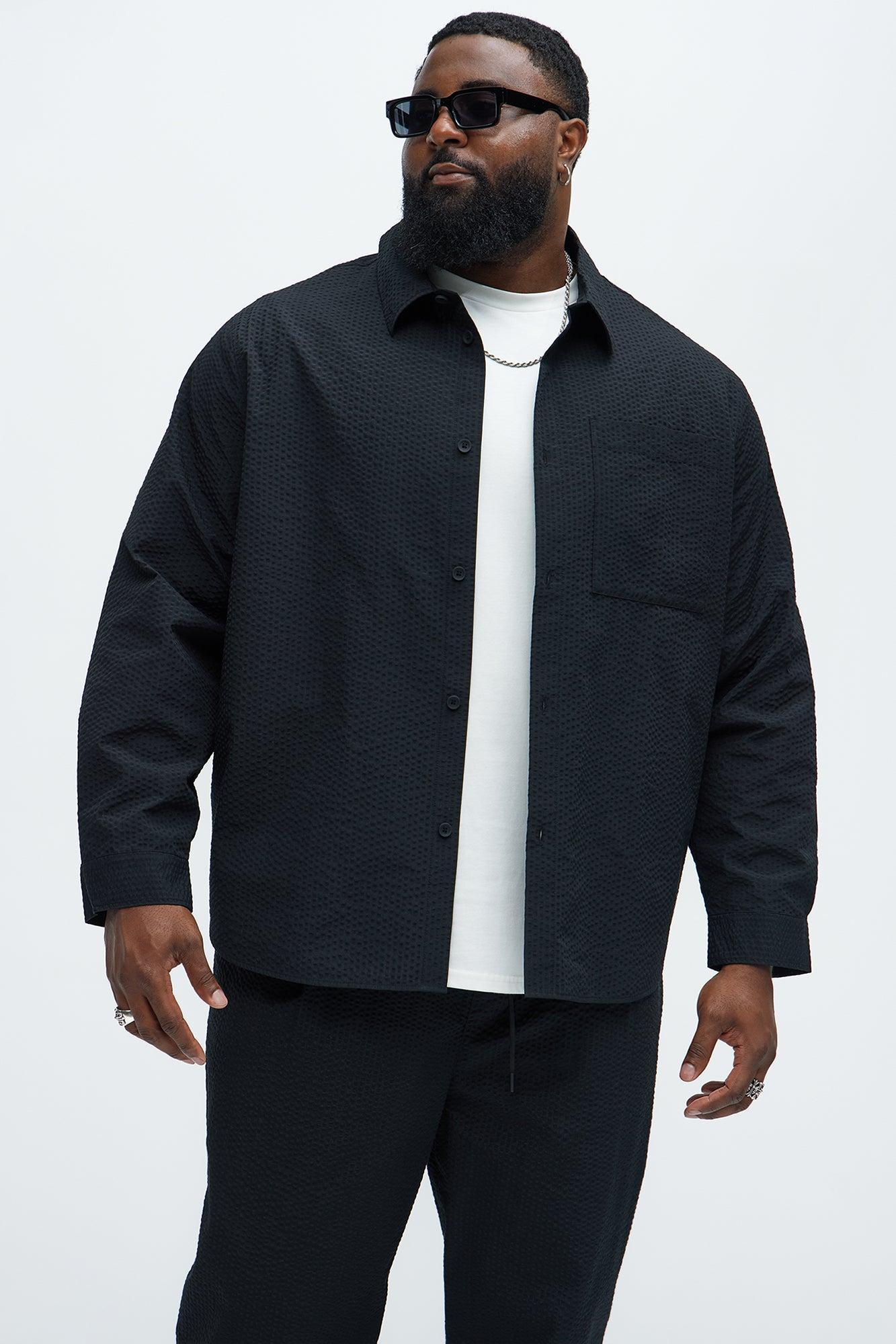 Seersucker Long Sleeve Button Up Shirt - Black Product Image