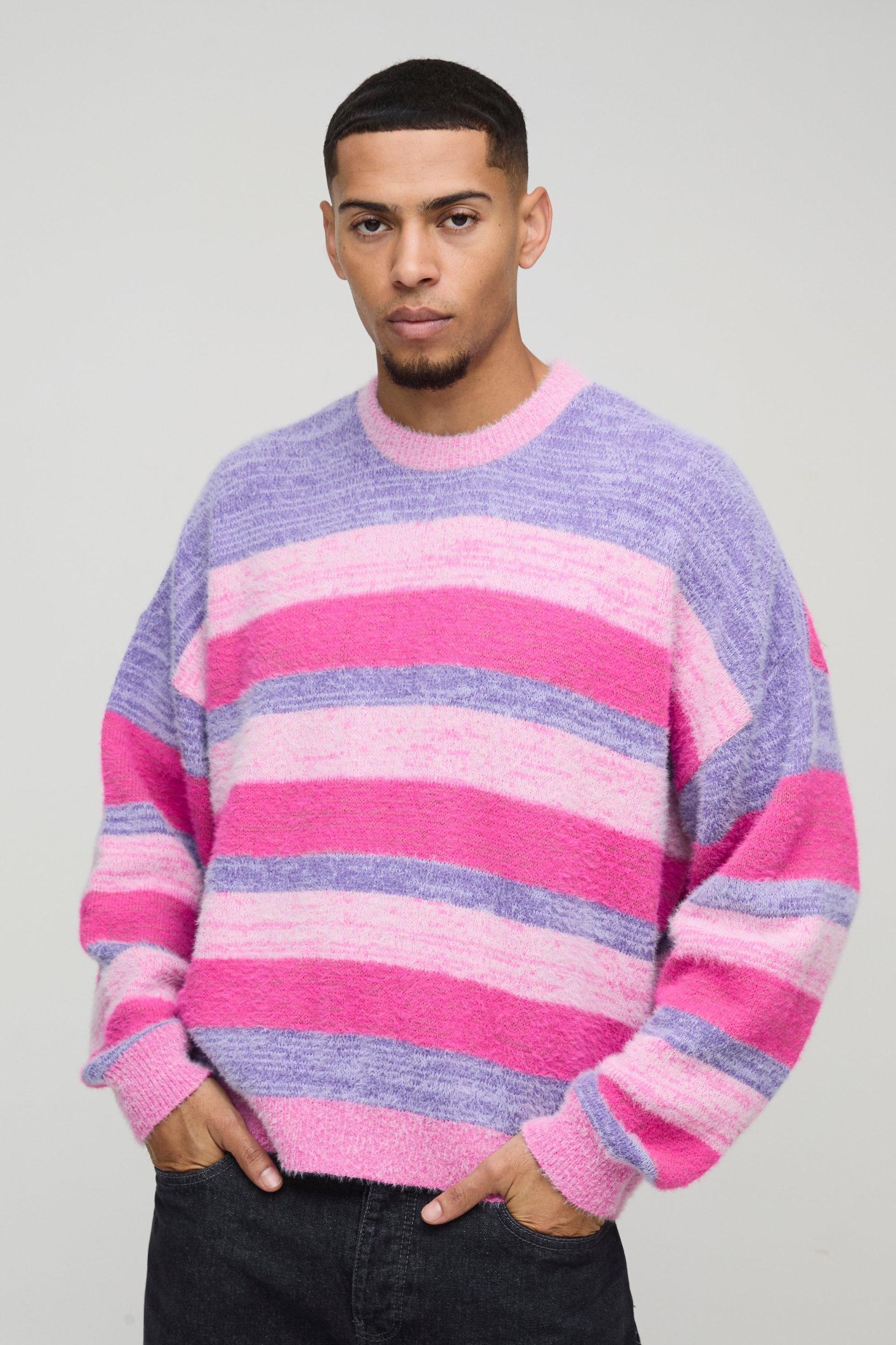 Boxy Brushed Stripe Knitted Sweater | boohooMAN USA Product Image