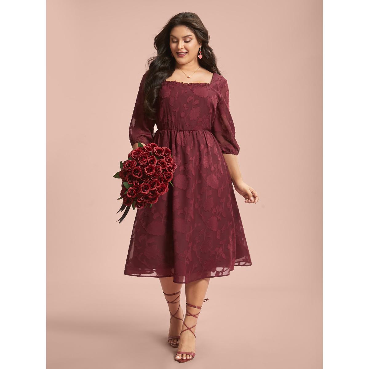 Plus Size Floral Frill Trim Stretchy-Waist Sheer Midi Dress Burgundy Women Elegant Texture Square Neck Elbow-length sleeve Curvy BloomChic 22-24/3X Product Image