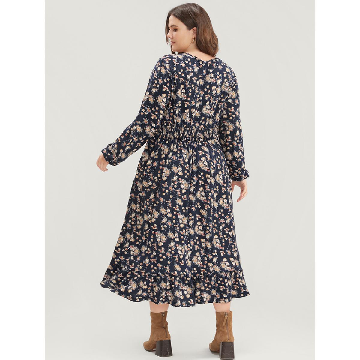 Plus Size Ditsy Floral Pocket Lantern Sleeve Shirred Flutter Dress Indigo Women Elegant Elastic Waist V-neck Long Sleeve Curvy Midi Dress BloomChic 22-24/3X Product Image