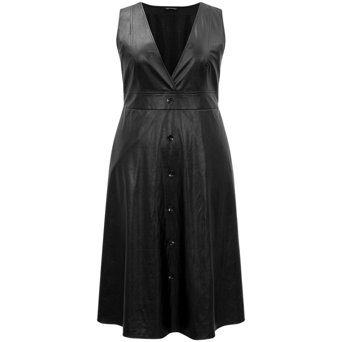Plus Size PU Leather Sleeveless Button Detail Dress Black Women Office Plain V-neck Sleeveless Curvy Midi Dress BloomChic 22-24/3X Product Image