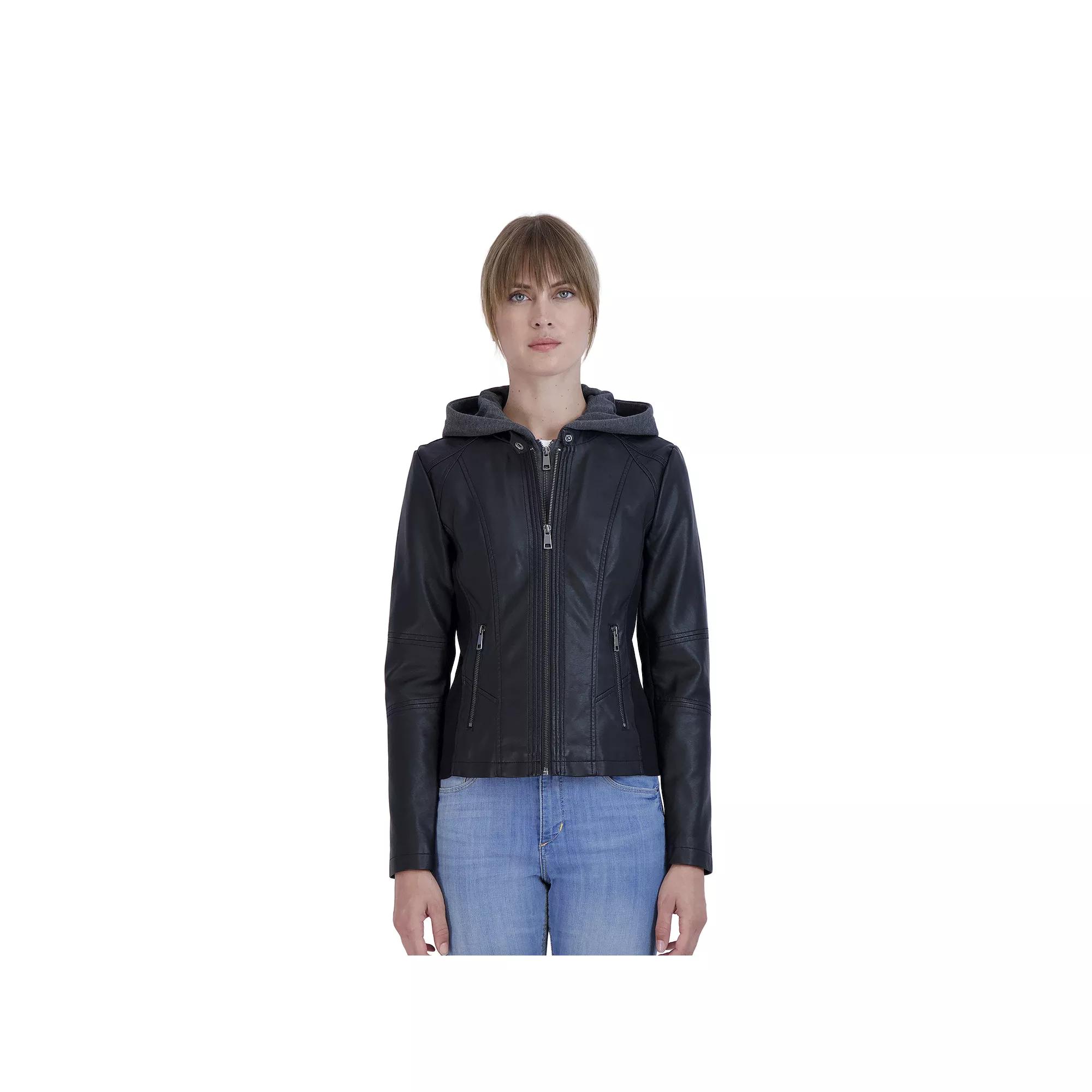 Women's Sebby Collection Fleece Trim Faux-Leather Jacket, Size: Large, Black Product Image