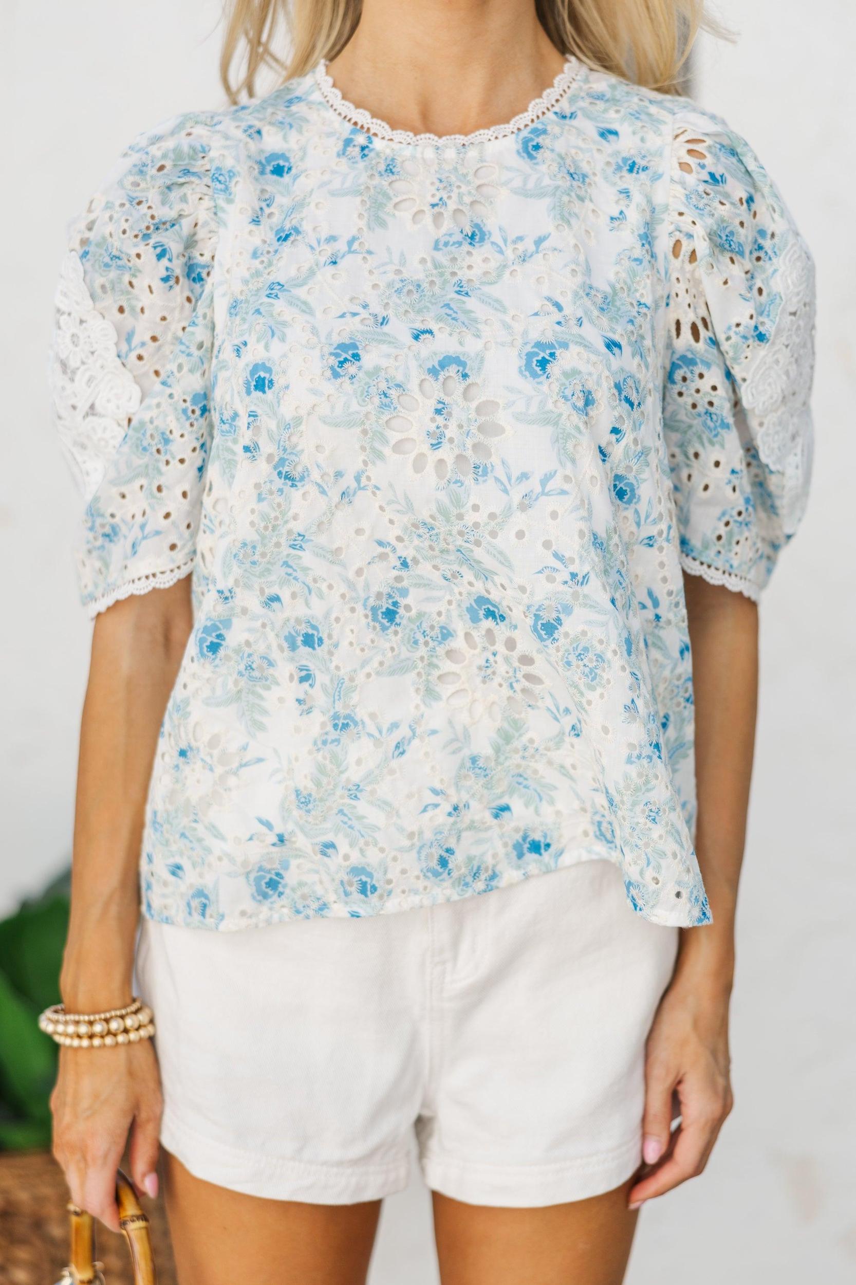 Feeling Joy Blue Floral Eyelet Blouse Female Product Image