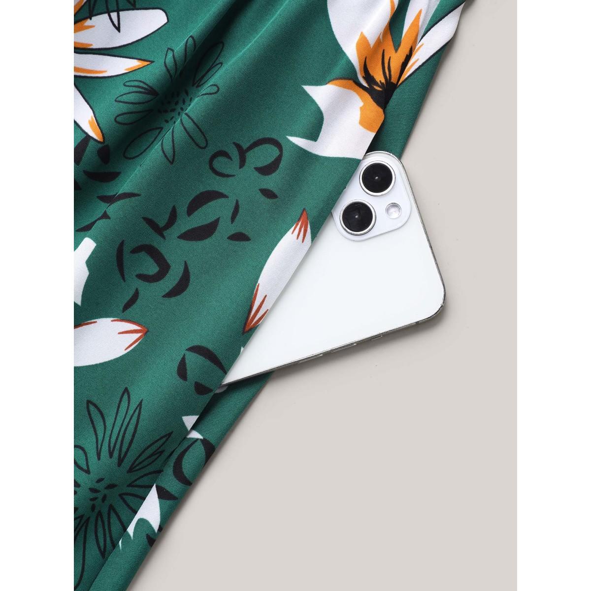 Plus Size Spring Floral Print Pockets Ruffled Midi Dress Emerald Women Resort Ruffles V-neck Short sleeve Curvy BloomChic 26/4X Product Image