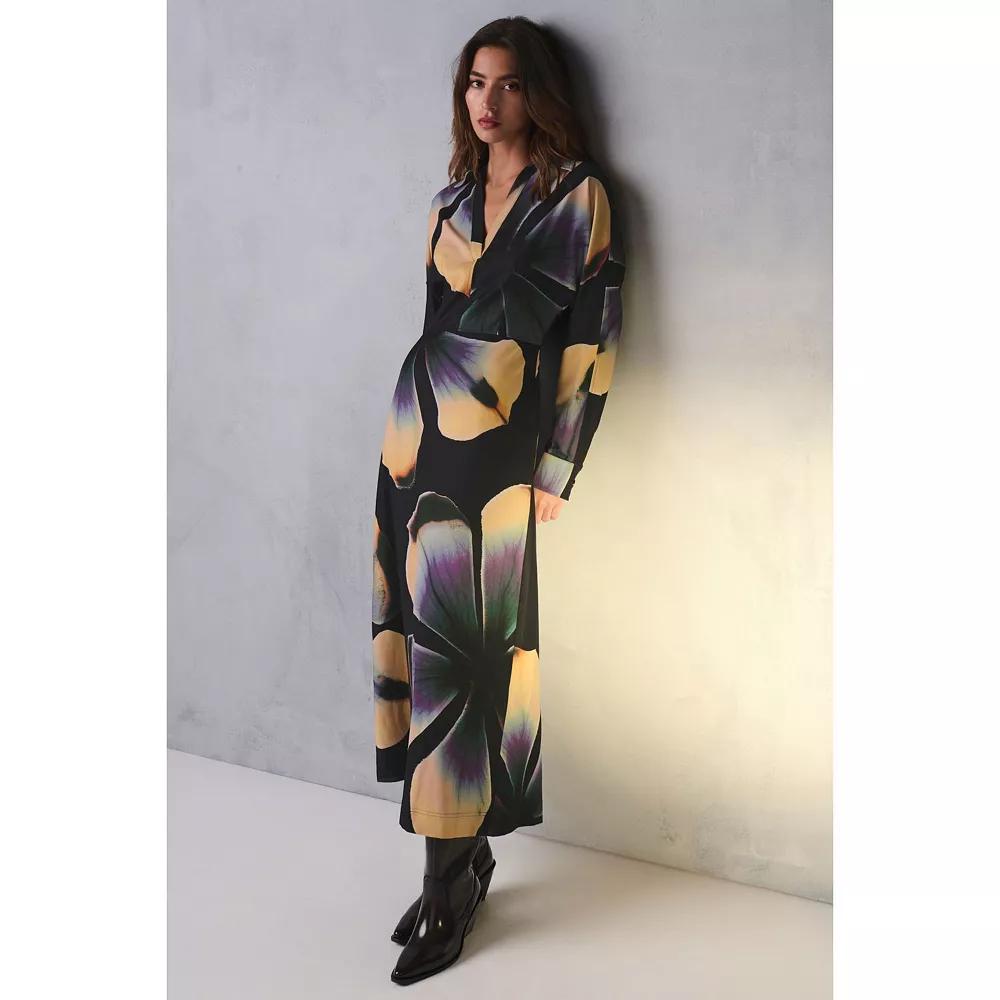 Women's NEXT Black Floral Long Sleeve V-Neck Midi Dress, Size: 12, Khaki Green Product Image