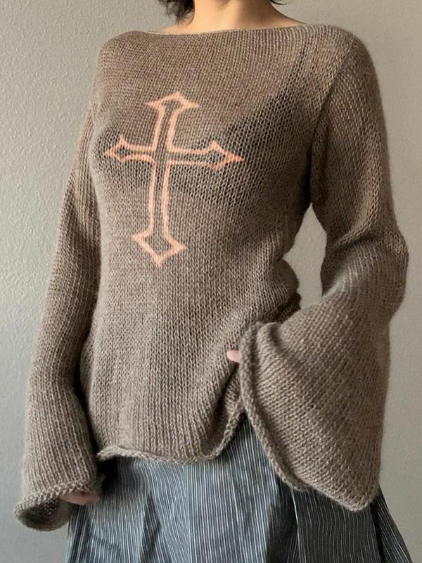 Contrast Color Cross Jacquard Rolled Design Long Sleeve Knit Product Image