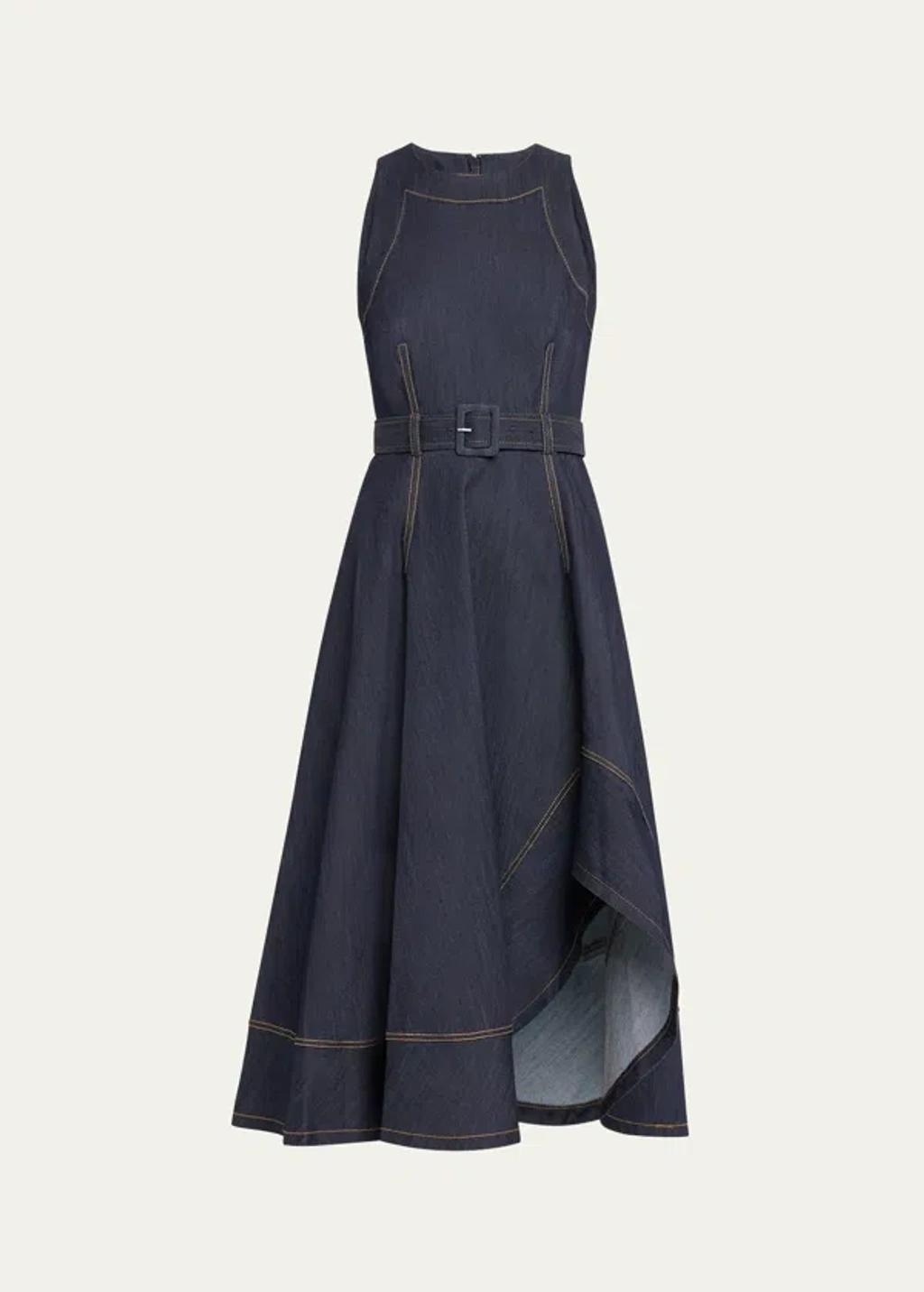 CINQ À SEPT Zelda Belted Asymmetric Sleeveless Denim Midi Dress In Indigo Product Image
