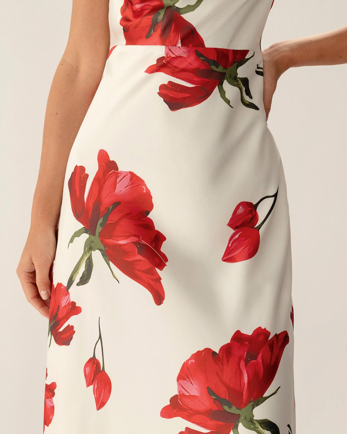 Red Floral Satin Slip Maxi Dress Product Image