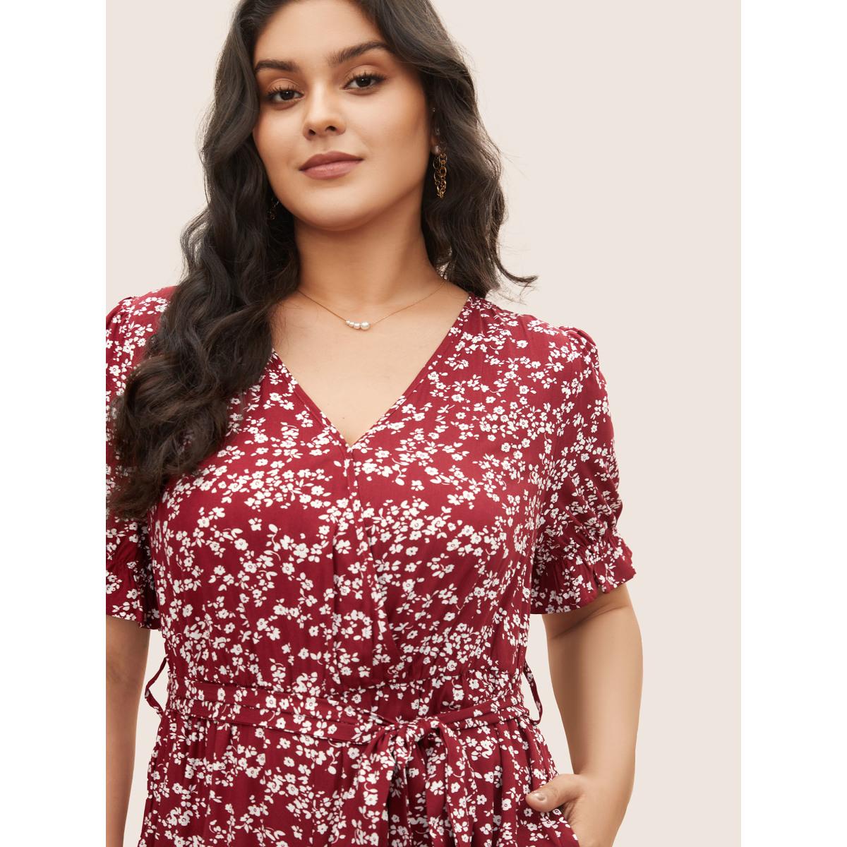 Plus Size RedViolet Ditsy Floral Wrap Belted Gathered Jumpsuit Women Elegant Short sleeve Overlap Collar Everyday Loose Jumpsuits BloomChic 18-20/2X Product Image