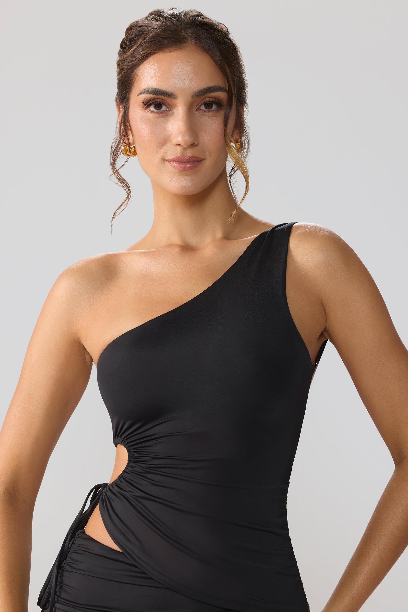 Slinky Jersey Ruched Cut Out One Shoulder Top in Black Product Image