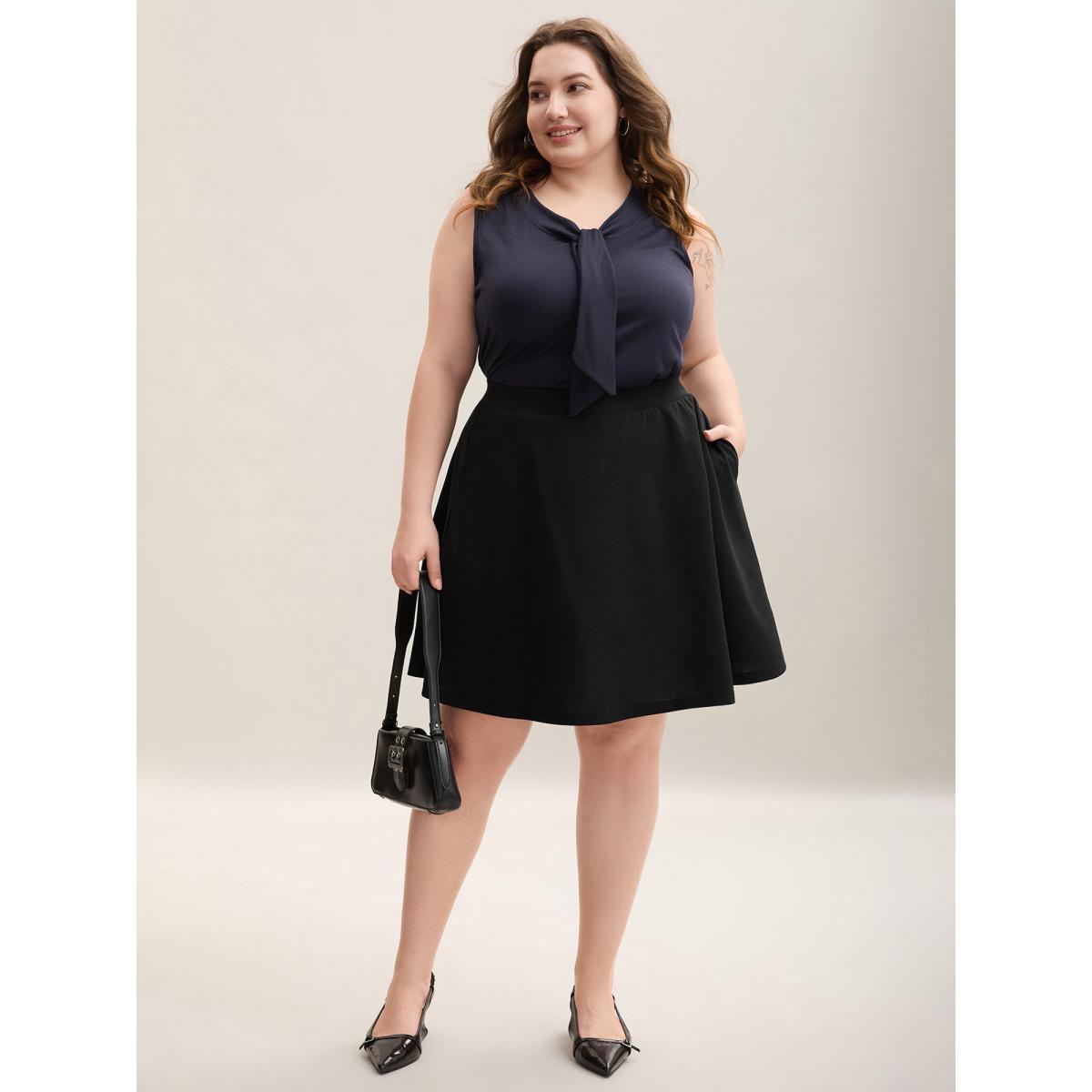 Plus Size Adjustable Waist Pleated Midi Skirt Women Black Elegant Bodycon Low stretch Side seam pocket Everyday Skirts BloomChic 22-24/3X Product Image