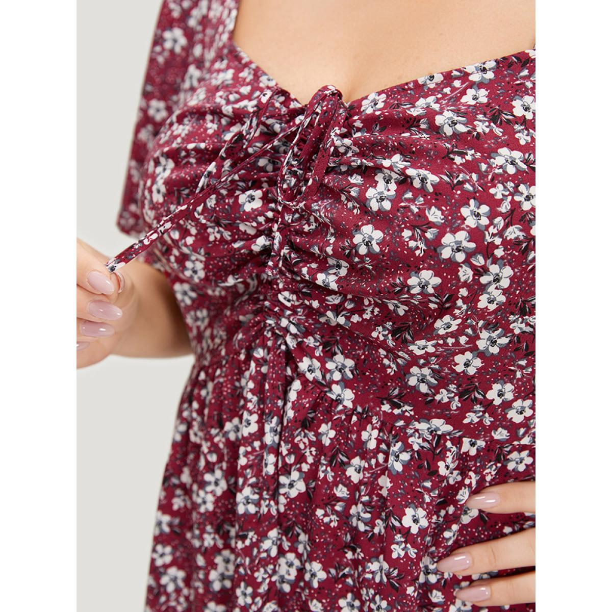 Plus Size Ditsy Floral Pocket Drawstring Ruched Flutter Sleeve Dress Scarlet Women Elegant Printed Square Neck Short sleeve Curvy Midi Dress BloomChic 26/4X Product Image