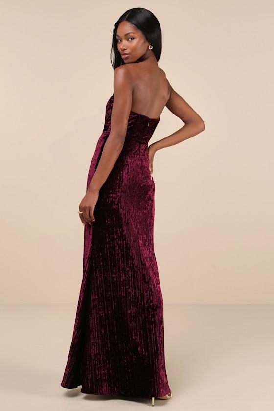 Classy Sensation Plum Velvet Pleated Strapless Maxi Dress Product Image