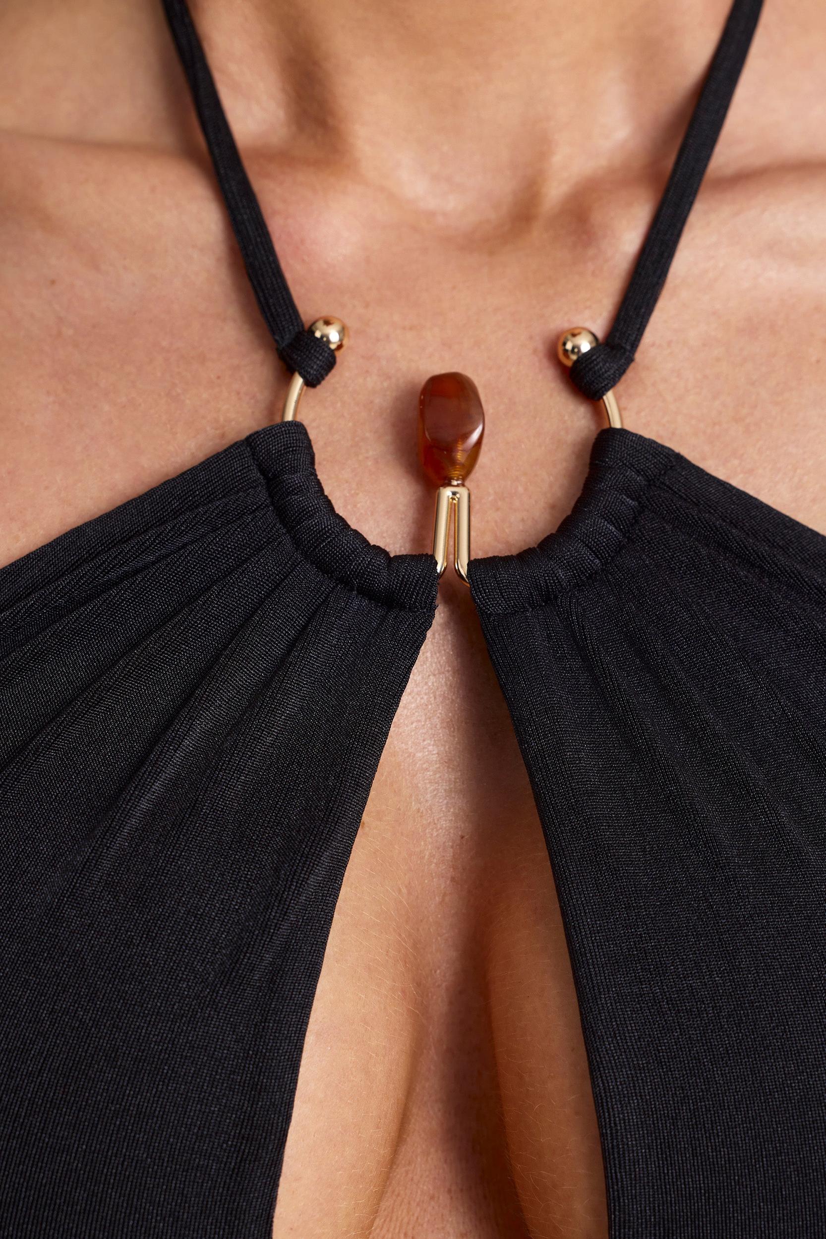 Hardware Detail Cut-Out Halterneck Maxi Dress in Black Product Image