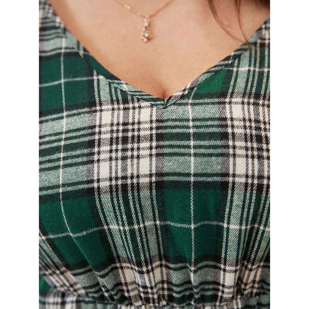 Plus Size Plaid V Neck Pocket High Low Hem Dress Without Belt DarkGreen Women Elegant Pocket V-neck Long Sleeve Curvy Midi Dress BloomChic 10/M Product Image