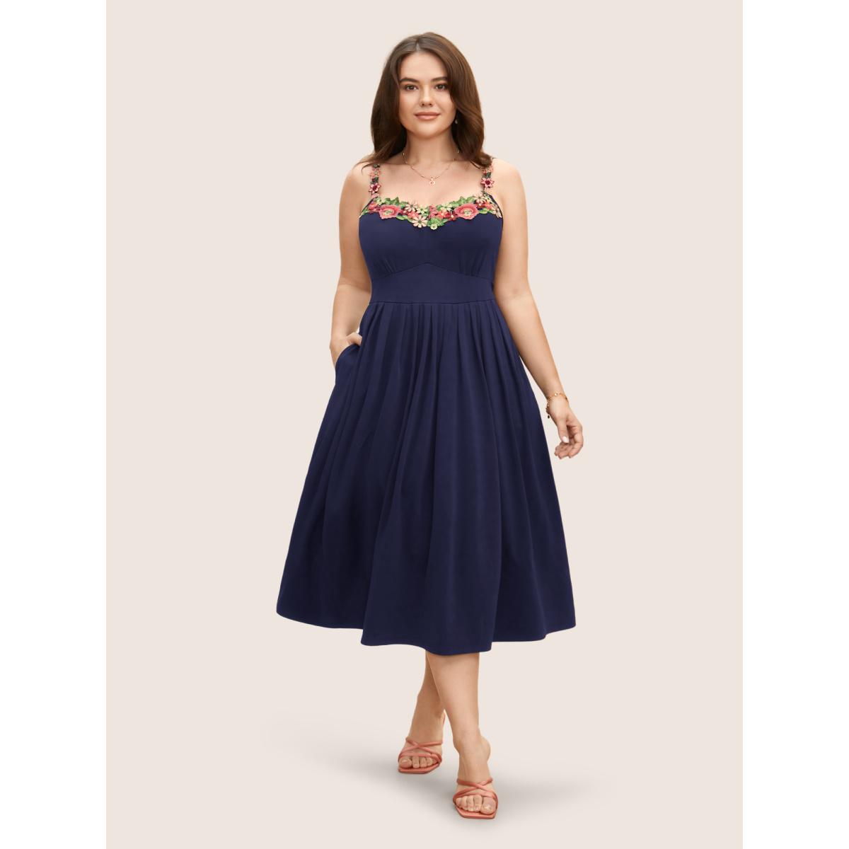 Plus Size Floral Embroidered Pocket Midi Cami Dress Navy Women Elegant Embroidered Heart neckline Sleeveless Curvy BloomChic 30/6X Product Image