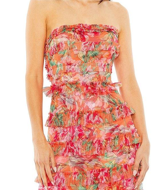 Mac Duggal Chiffon Floral Print Strapless Neck Sleeveless Ruffle Tiered A-Line Maxi Dress Product Image